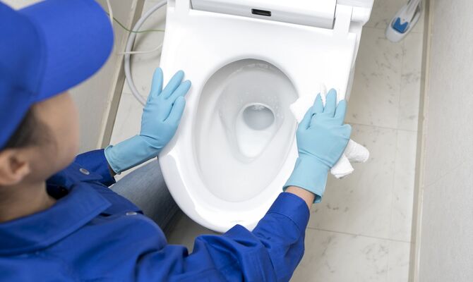 トイレ掃除をする女性スタッフ